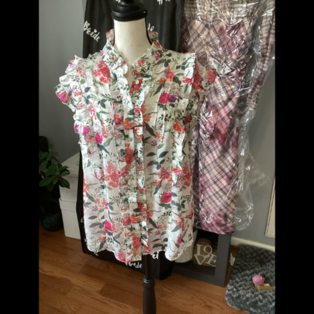 Ted Baker London Floral Ruffle Sleeveless Blouse - White, Pink, Green